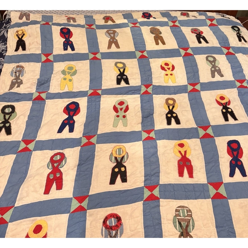 Vintage Handmade Overall Sam Applique Full Size Quilt Folk Art Hand Quilted